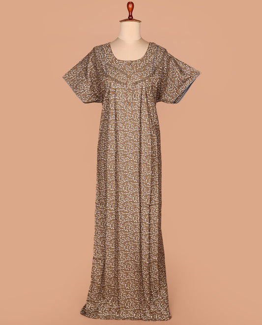 Brown floral printed with lace work round neck half-sleeve cotton nighty