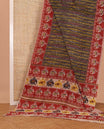 Multi-color geometric patterns machine printed kalamkari cotton saree, contrast patola elephant border, and pallu steeped with patola elephants