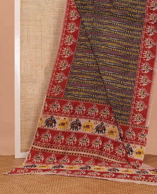 Multi-color geometric patterns machine printed kalamkari cotton saree, contrast patola elephant border, and pallu steeped with patola elephants