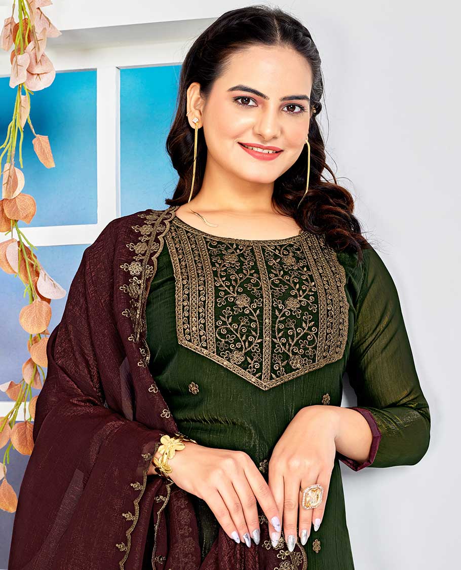 Bottle green material churidar catalouge floral embroidered top with plain bottom & floral embroidered dupatta