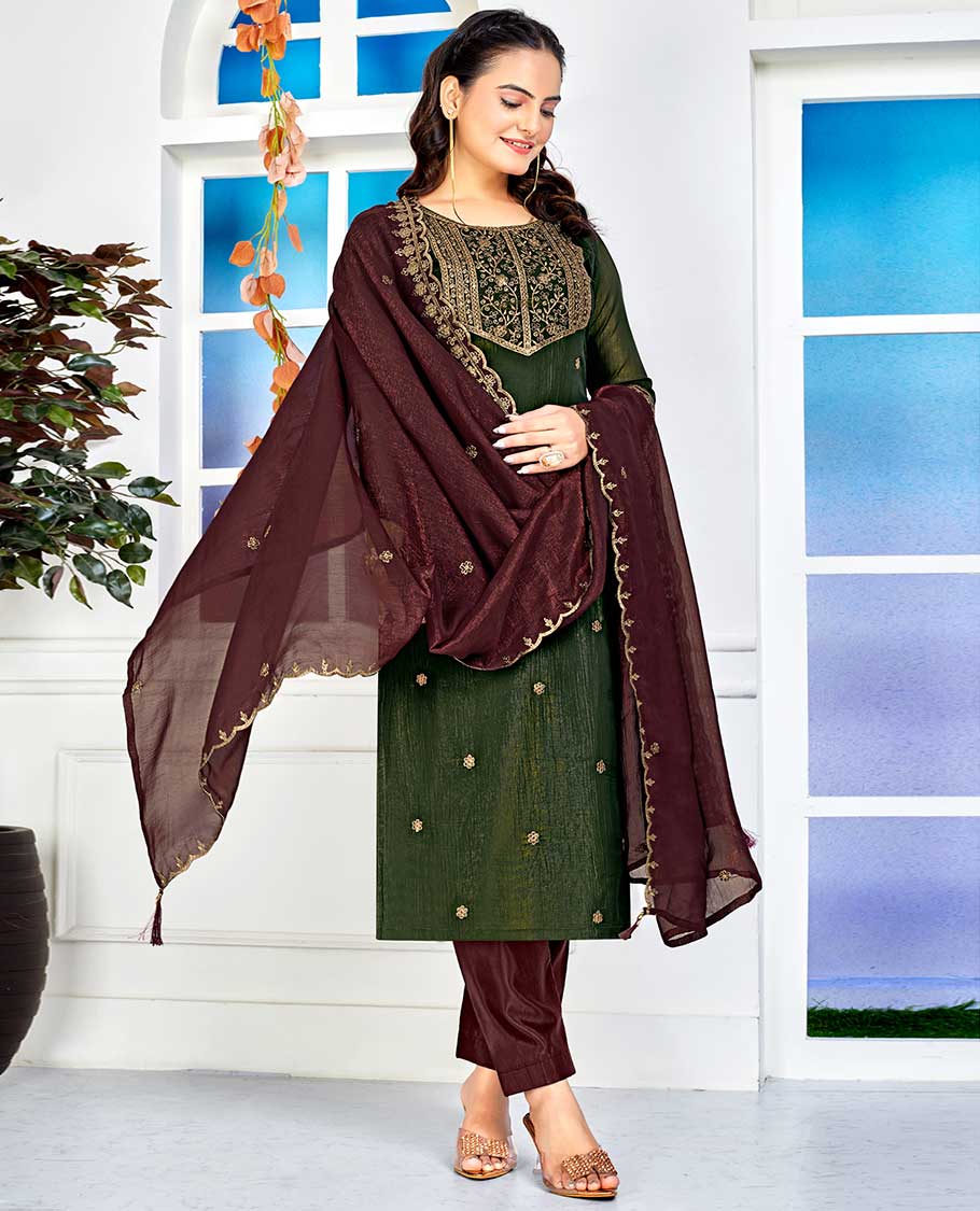 Bottle green material churidar catalouge floral embroidered top with plain bottom & floral embroidered dupatta