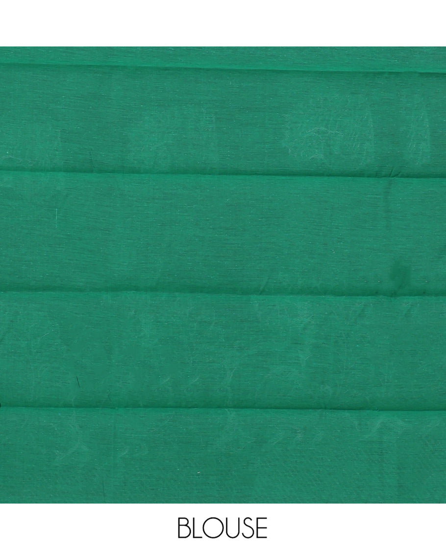 Green Semi-Silk Cotton Saree, Mesmerized with Peacock Buttas All Over Its Body, Highlighted by a Zari Border, Pallu Artfully Woven with Peacock Designs, and Paired with a Matching Blouse