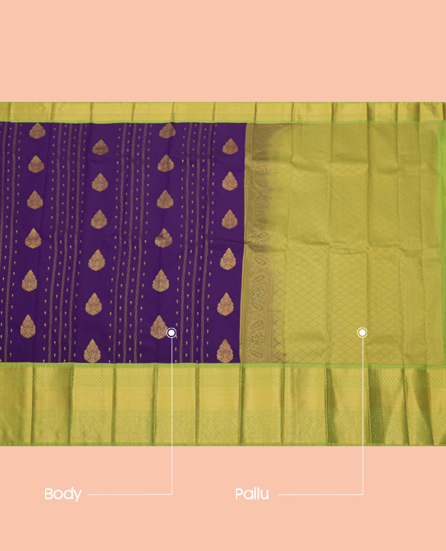 Violet Budget Silk Saree, Finely Crafted with Zari Buttas, Complemented by a Contrast Traditional Zari Border, Grand Pallu, and a Contrast Blouse