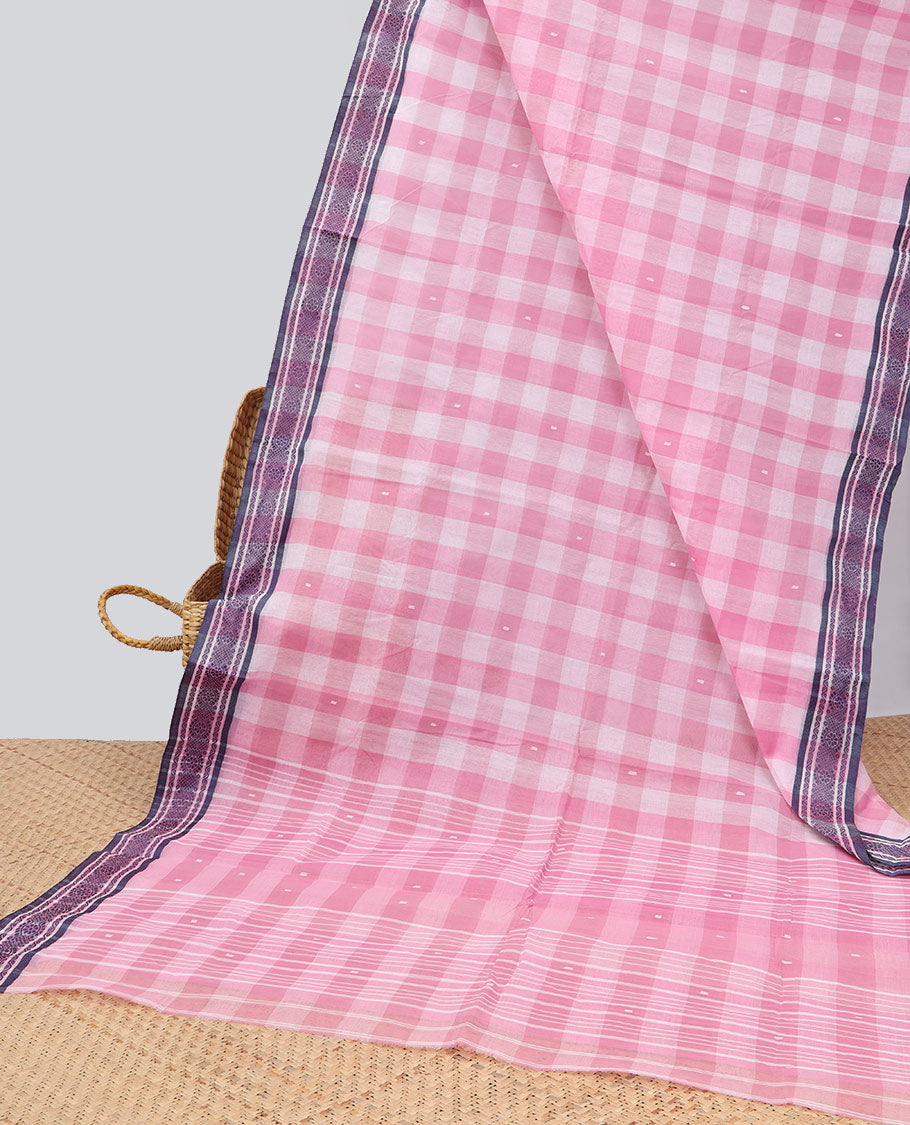 Pink checked Bengal cotton saree with buttas, traditional design border & intricate pallu