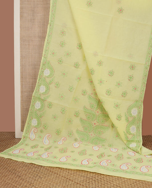 Pastel yellow flower butta thread embroidered Lucknowi chikankari saree, embroidered border, & floral-paisley embroidered pallu