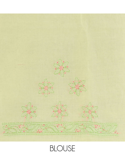 Pastel yellow flower butta thread embroidered Lucknowi chikankari saree, embroidered border, & floral-paisley embroidered pallu