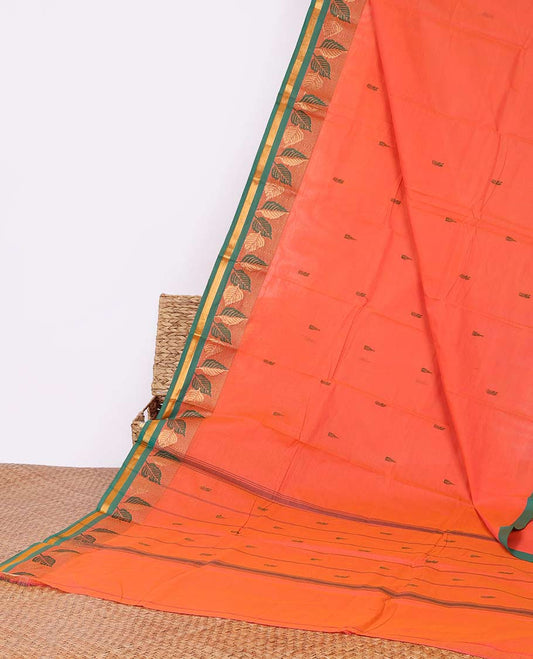 Orange buttas Chettinad cotton saree, contrast border of leaf designs & striped pallu