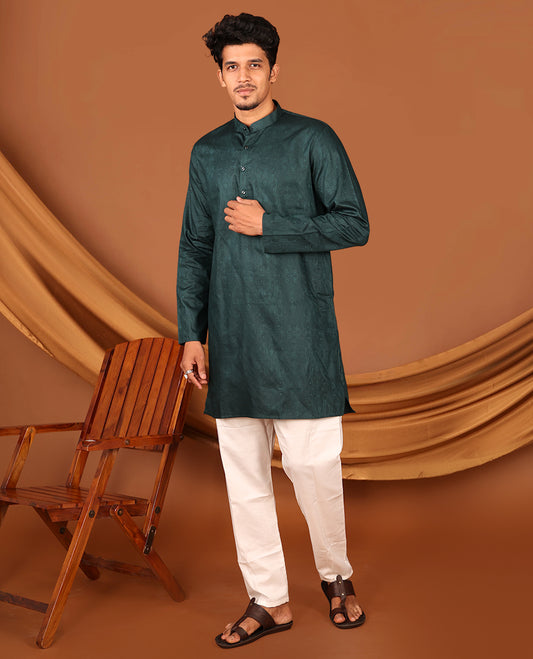 Bottle Green Embossed Full-Sleeved Men's Kurta