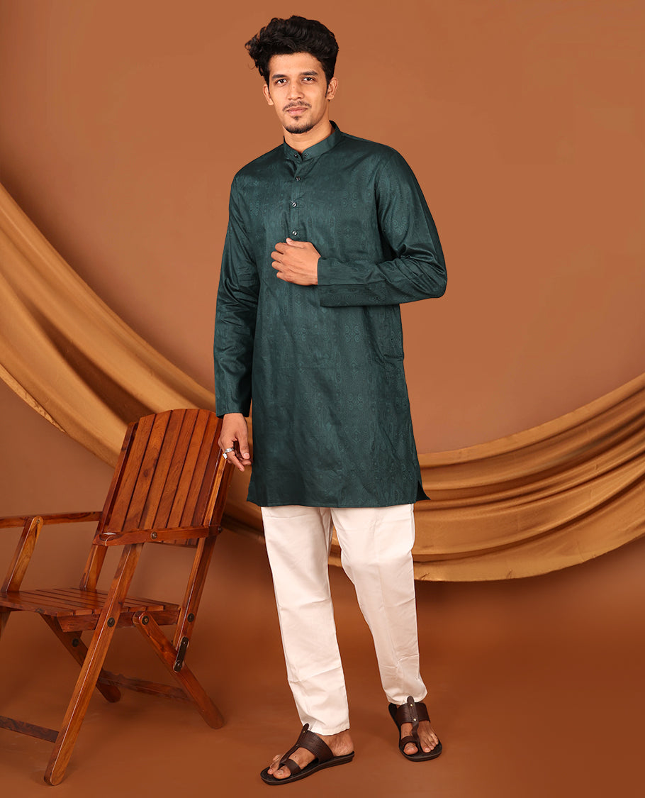 Bottle Green Embossed Full-Sleeved Men's Kurta