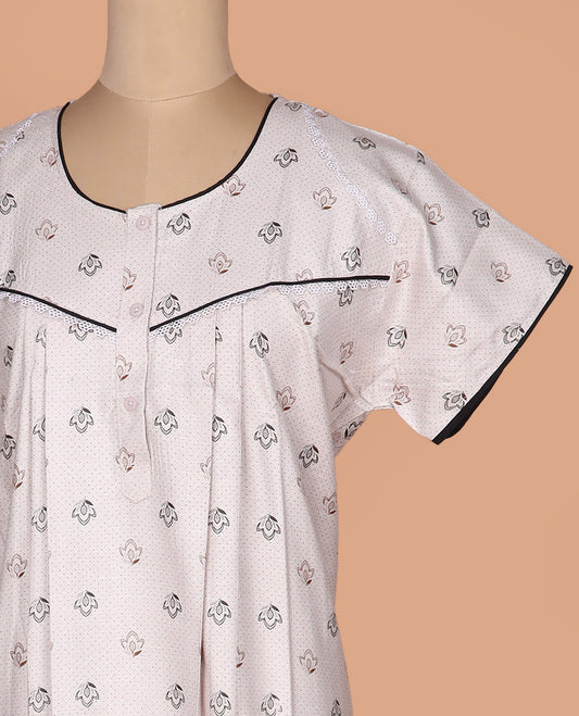 Cream flora-geometric printed with round neck lace work half-sleeve cotton nighty