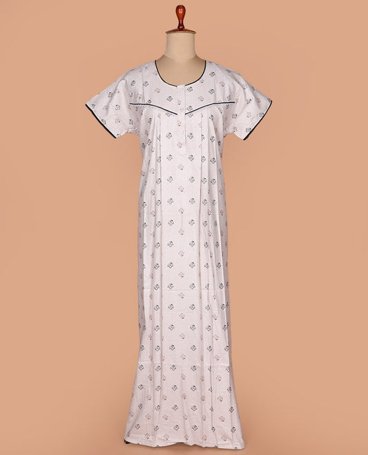 Cream flora-geometric printed with round neck lace work half-sleeve cotton nighty