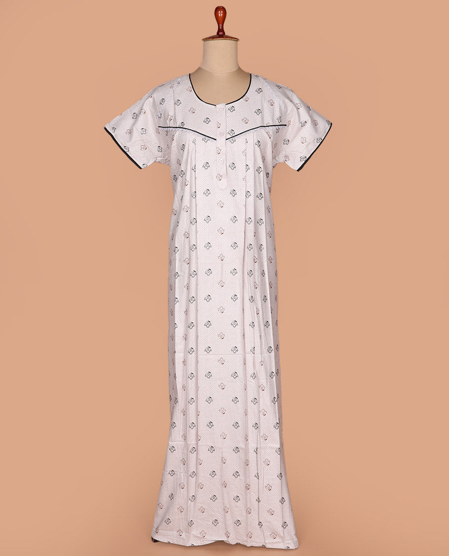 Cream flora-geometric printed with round neck lace work half-sleeve cotton nighty