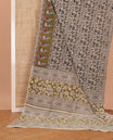 Sandal warli machine printed kalamkari cotton saree, contrast human figurines motifs border, and pallu of floral-geometric print