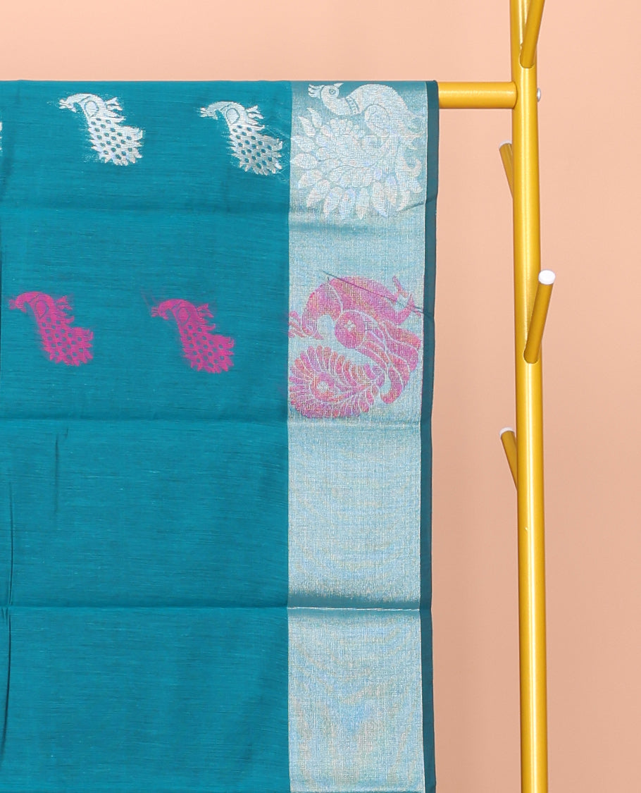 Blue Semi-Silk Cotton Saree, Beautified with Peacock Buttas All Over Its Body, Highlighted by a Zari Border of Peacocks, Pallu Woven with Peacock Designs, and Paired with a Matching Blouse