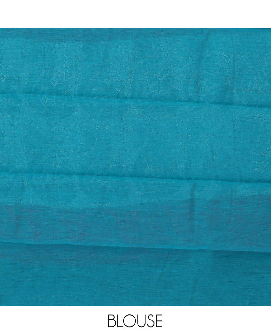 Blue Semi-Silk Cotton Saree, Beautified with Peacock Buttas All Over Its Body, Highlighted by a Zari Border of Peacocks, Pallu Woven with Peacock Designs, and Paired with a Matching Blouse