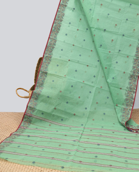Green buttas Bengal cotton saree, leaf vine border & striped pallu