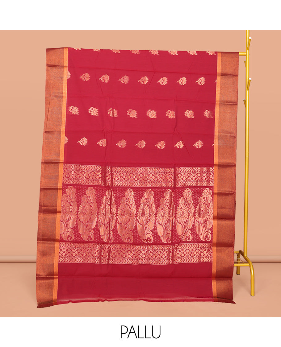 Red Semi-Silk Cotton Saree, Beautifully Bedecked with Zari Buttas All Over Its Body, Complemented by a Contrast Zari Border, Intricately Designed Pallu, and Paired with a Matching Blouse