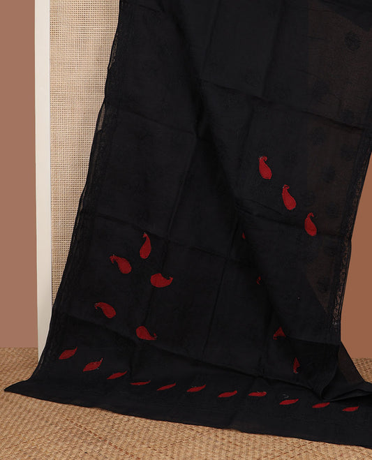 Inky black buttas thread embroidered Lucknowi chikankari saree, embroidered border, & floral & paisley embroidered pallu