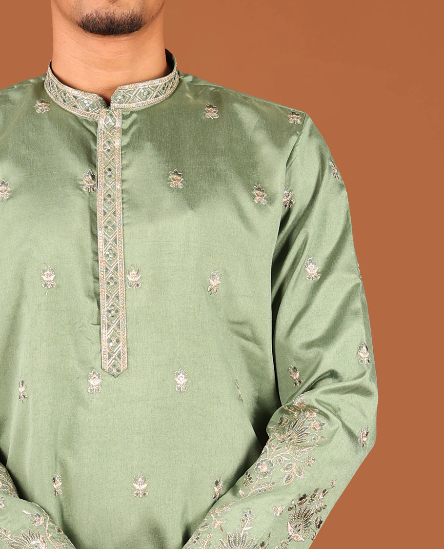 Green Floral Motifs Embroidered Full-Sleeved Men's Kurta