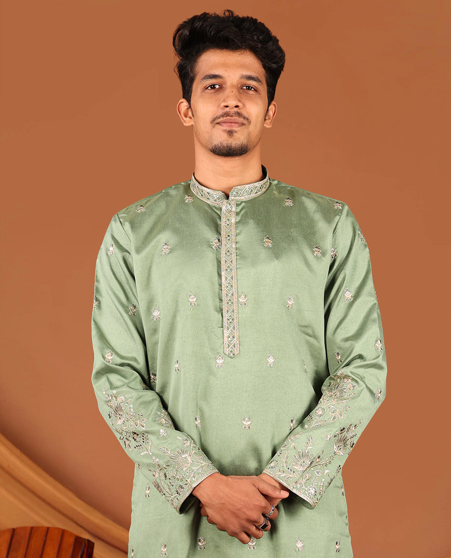Green Floral Motifs Embroidered Full-Sleeved Men's Kurta