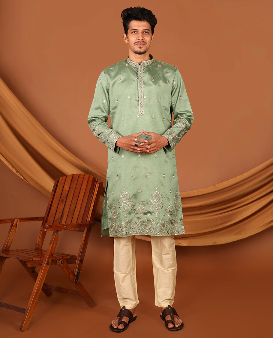 Green Floral Motifs Embroidered Full-Sleeved Men's Kurta
