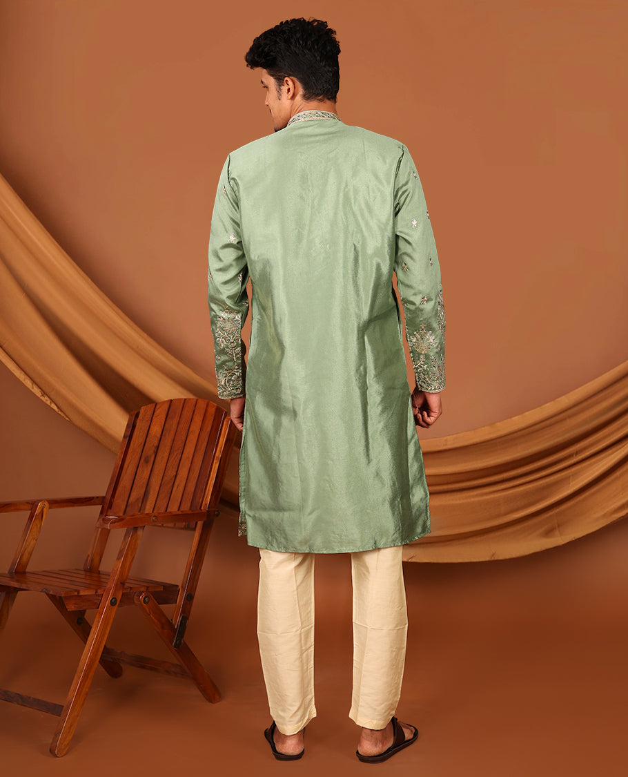 Green Floral Motifs Embroidered Full-Sleeved Men's Kurta