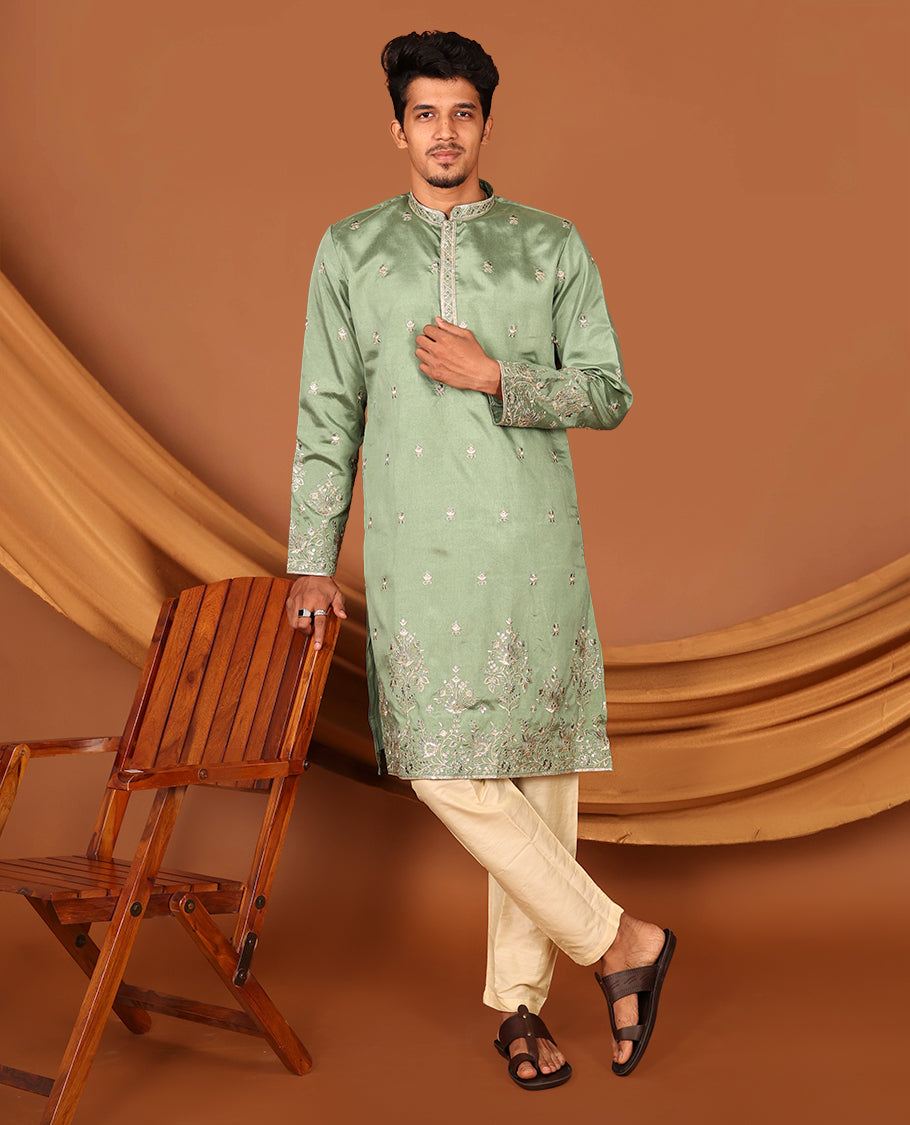 Green Floral Motifs Embroidered Full-Sleeved Men's Kurta