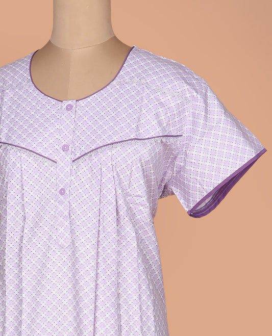 Lavender argyle printed round neck lace work half-sleeve cotton nighty