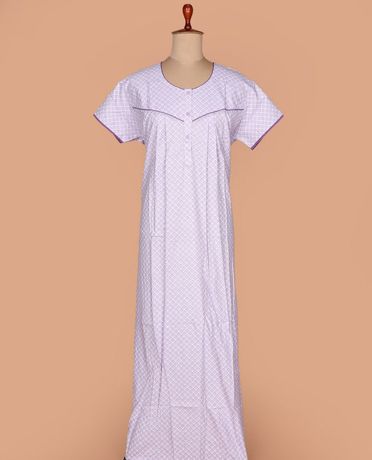 Lavender argyle printed round neck lace work half-sleeve cotton nighty