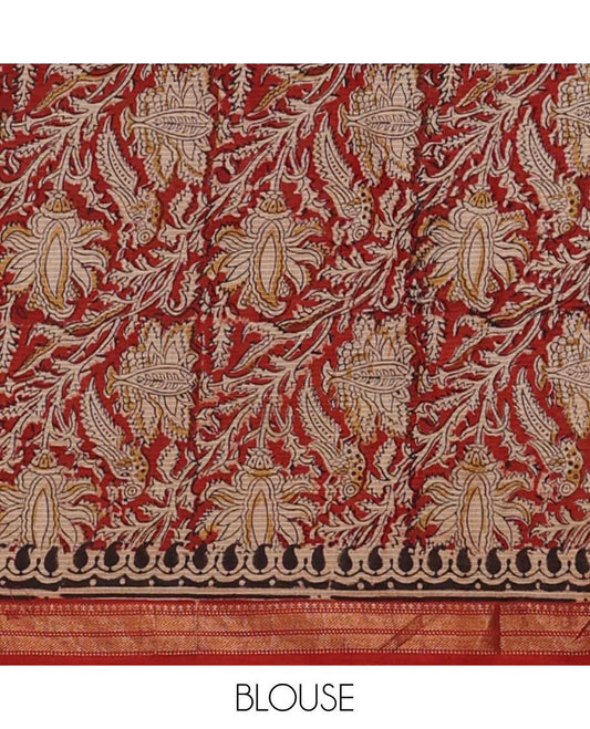 Fawn color floral machine printed kalamkari cotton saree, contrast traditional zari border, and pallu of floral-peacock print