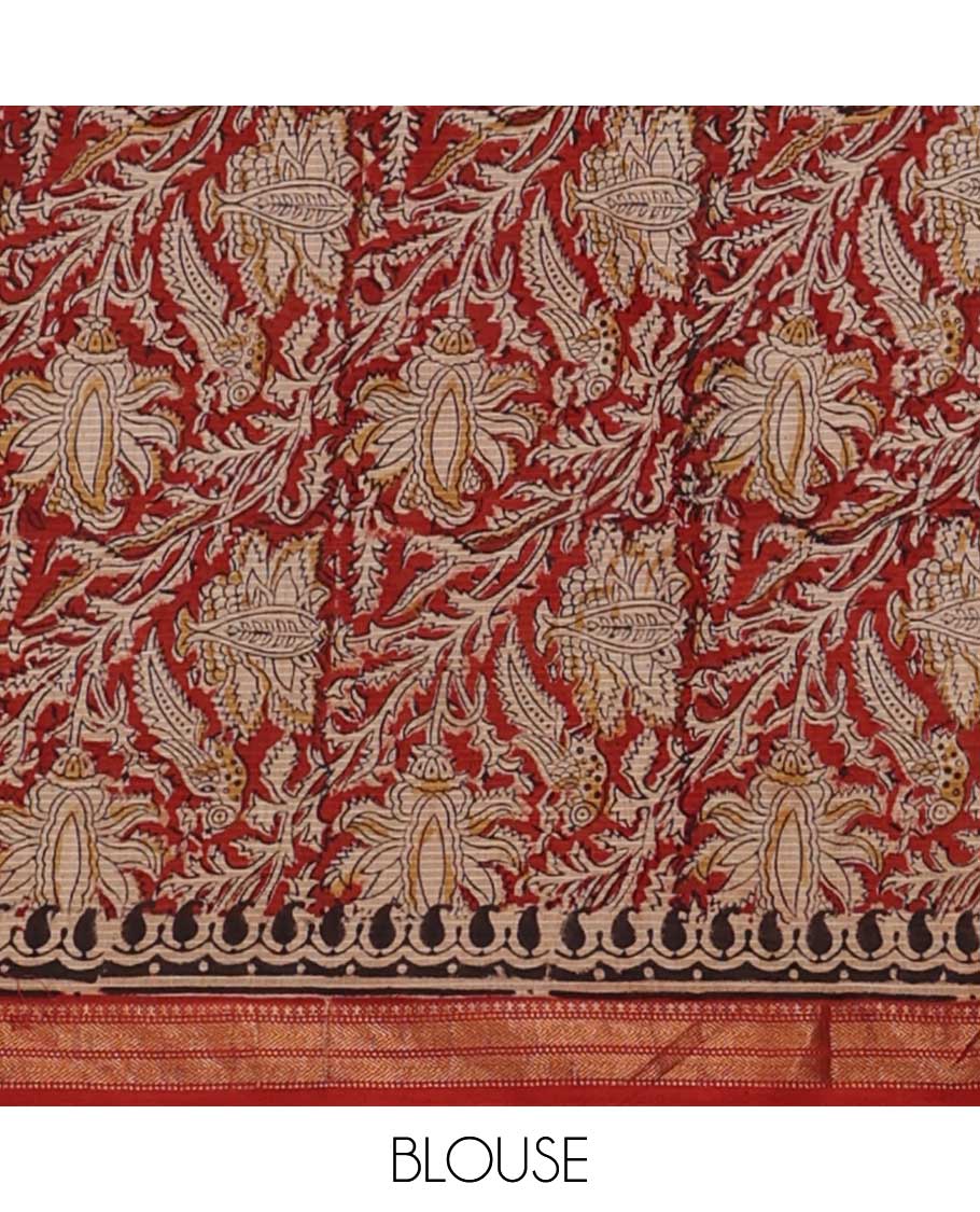 Fawn color floral machine printed kalamkari cotton saree, contrast traditional zari border, and pallu of floral-peacock print