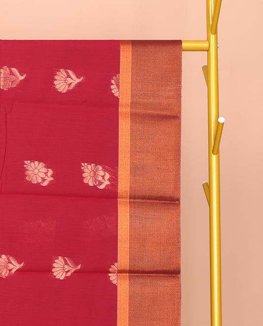 Red Semi-Silk Cotton Saree, Beautifully Bedecked with Zari Buttas All Over Its Body, Complemented by a Contrast Zari Border, Intricately Designed Pallu, and Paired with a Matching Blouse