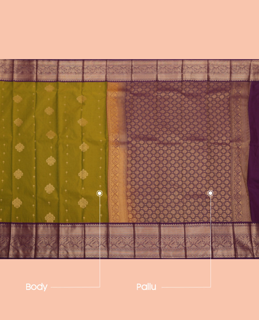Green Budget Silk Saree, Prettified with Zari Buttas, Complemented by a Contrast Traditional Zari Border, Grand Pallu, and a Contrast Blouse
