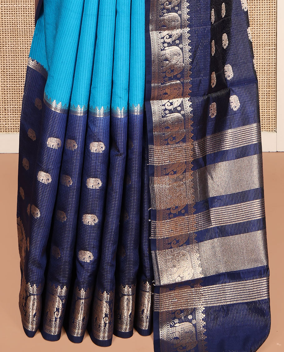 Blue Dupion Silk Saree Features Half-And-Half and Zari Buttas, and Checks, Complemented by a Contrast Traditional Zari Border, Zari Striped Pallu, and a Contrast Blouse