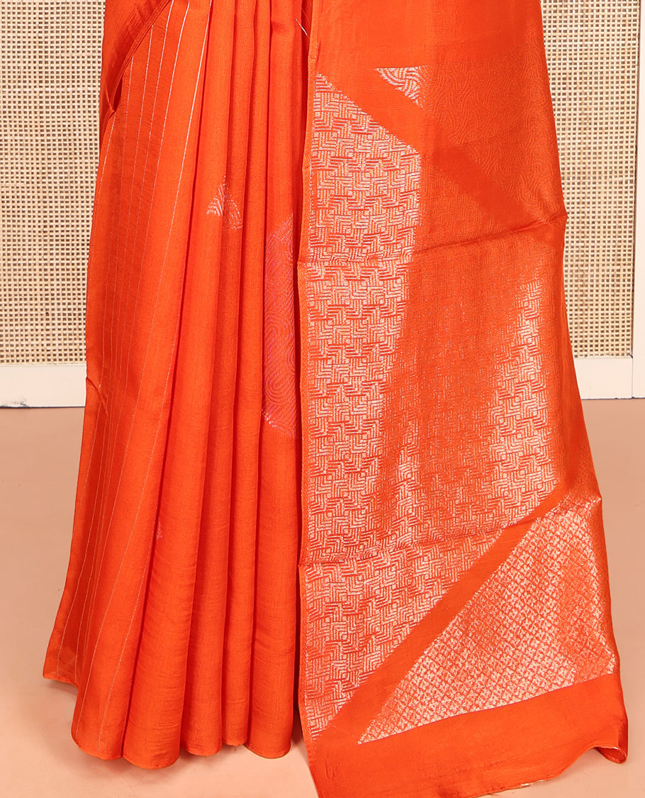 Borderless Orange Chanderi Cotton Saree, Richly Detailed with Zari Triangle Motifs Steeped All Over Its Body, Highlighted by Grand Zari Rich Pallu, and Paired with a Matching Brocade Blouse