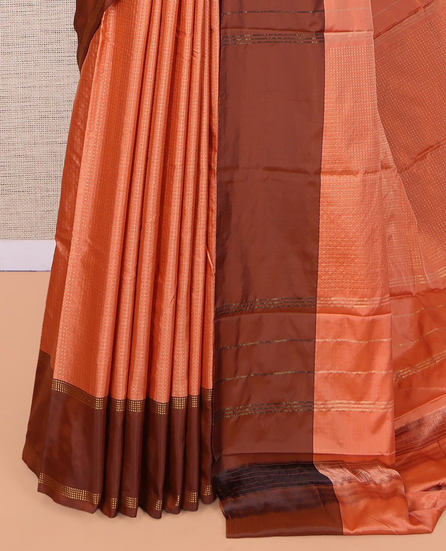 Orange Arani Saree, Subtly Sparkled with Zari Checks, a Contrast Bodi Border, Pallu of Zari Design, and a Matching Blouse