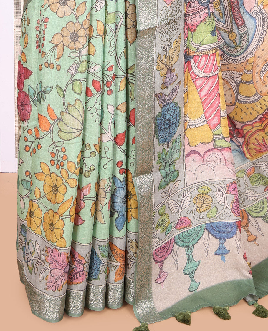 Green Kalamkari Printed Fancy Tussar Saree
