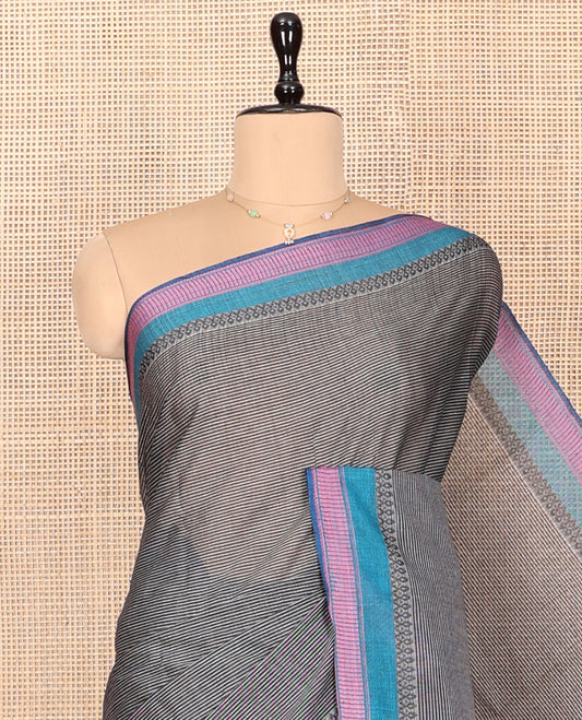 Grey Striped Andhra Cotton Saree, a Contrast Traditional Thread Border, Striped Pallu, and a Matching Blouse