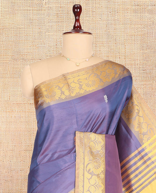 Violet Banana Pith Saree, Woven with Thread Buttas, a Contrast Traditional Zari Border, Pallu of Buttas, and a Contrast Blouse