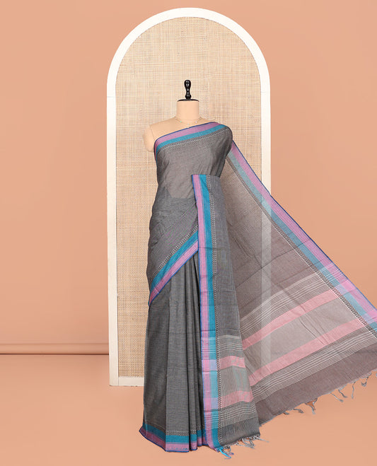 Grey Striped Andhra Cotton Saree, a Contrast Traditional Thread Border, Striped Pallu, and a Matching Blouse