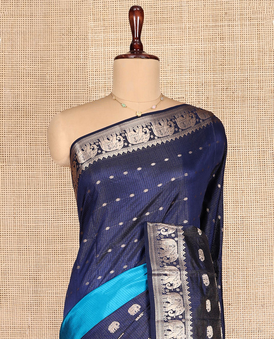 Blue Dupion Silk Saree Features Half-And-Half and Zari Buttas, and Checks, Complemented by a Contrast Traditional Zari Border, Zari Striped Pallu, and a Contrast Blouse