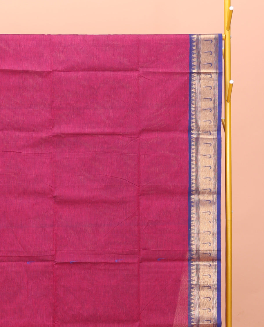 Pink Chettinad Cotton Saree, Steeped with Muniya Buttas On Its Body, Complemented by a Contrast Traditional Muniya Border, Pallu of Stripes, and Paired with a Matching Blouse