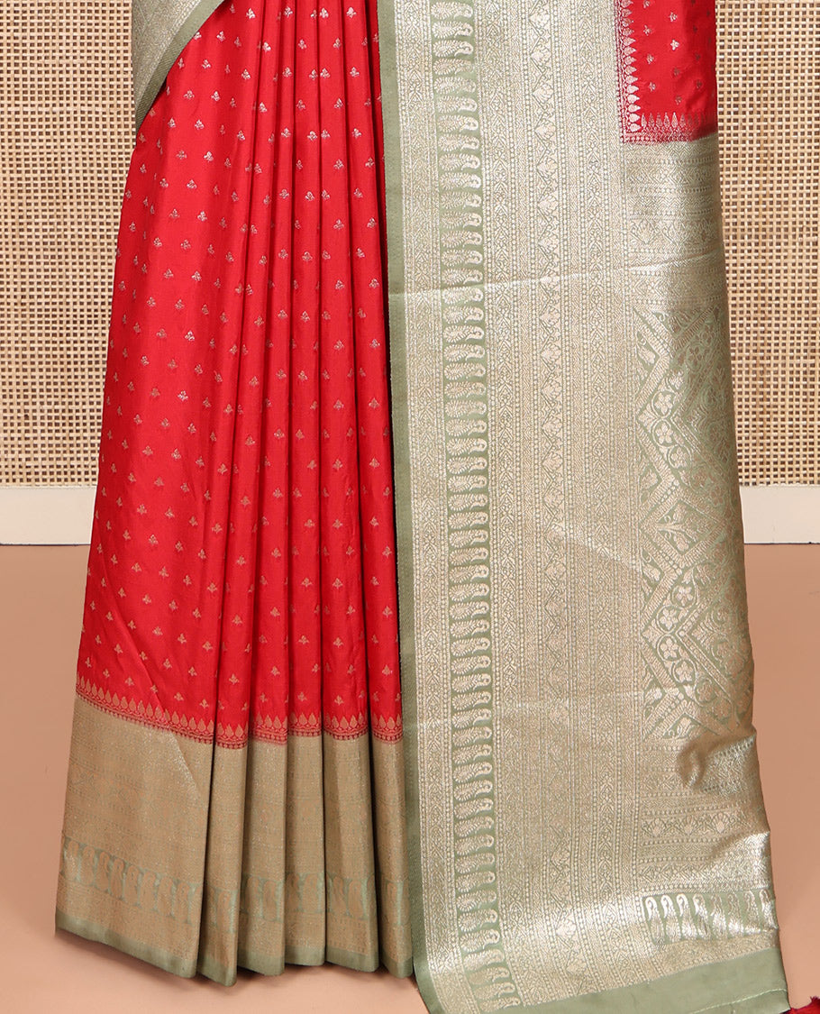 Red Semi-Banaras Dupion Saree, Steeped in Richness of Zari Buttas, Complemented by Contrast Traditional Zari Border, Grand Pallu, and a Contrast Blouse