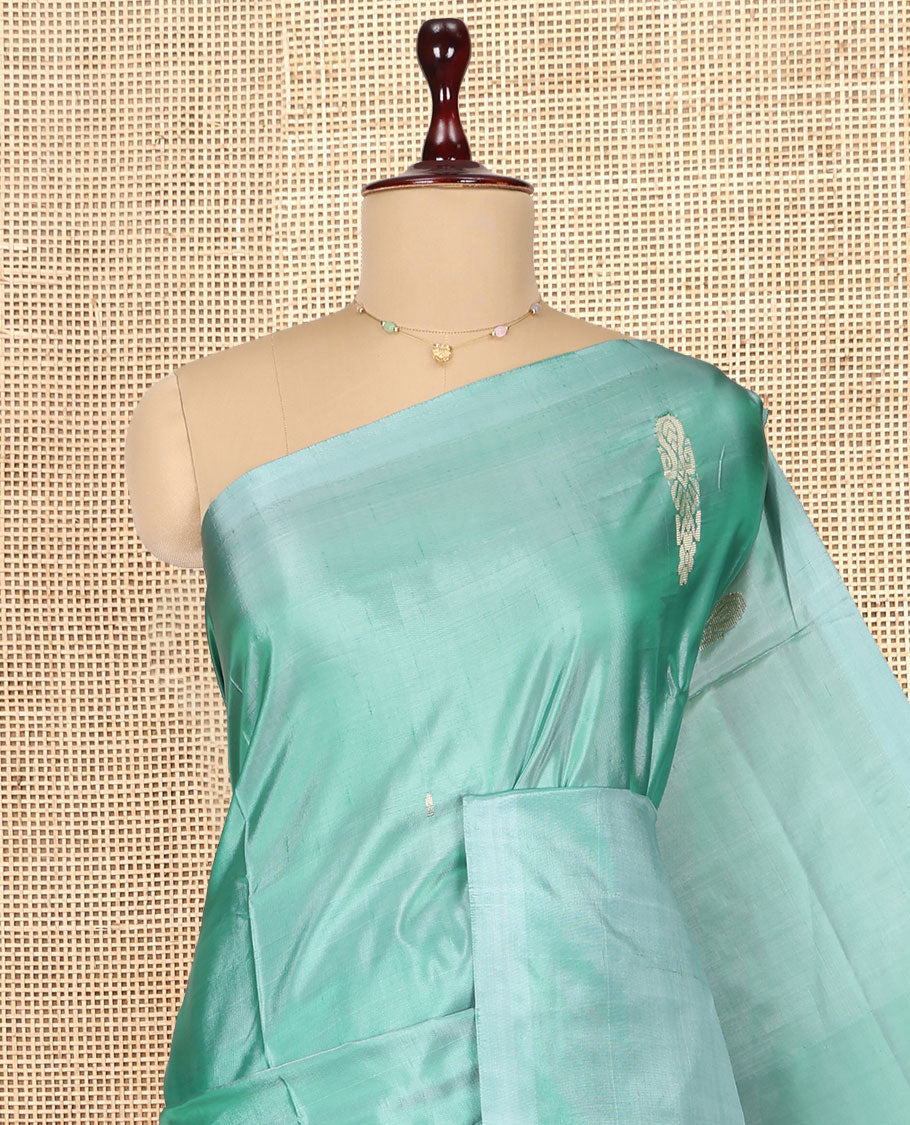 Borderless Green Banana Pith Saree, Woven with Buttas, a Contrast Pallu of Stripes and Buttas, and a Contrast Blouse