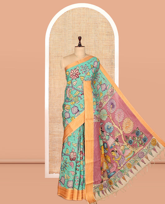 Green Kalamkari Silk Saree, Mesmerized with Human Figurines, a Contrast Traditional Zari Border, Kalamkari Pallu, and a Contrast Blouse