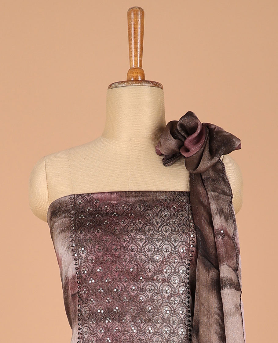 Brown chudidhar material marble print double shade embroidery sequins work georgette top with santoon material pant & marble print double shade georgette dupatta