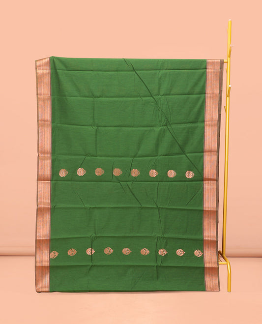 Green Semi-Silk Cotton Saree, Bedecked with Zari Buttas All Over Its Body, Highlighted by a Traditional Zari Border, Pallu of Paisley Designs, and Paired with a Matching Blouse