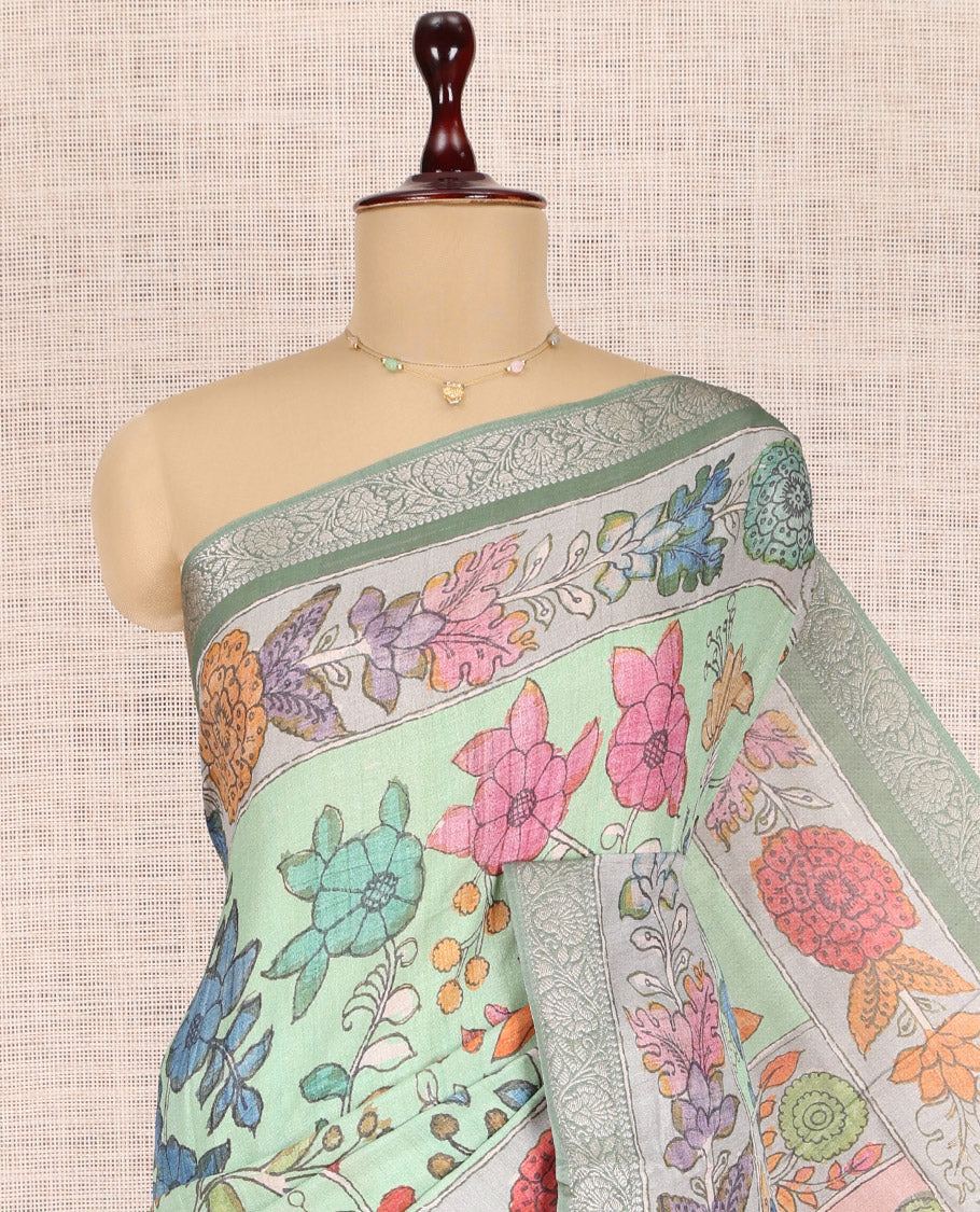 Green Kalamkari Printed Fancy Tussar Saree
