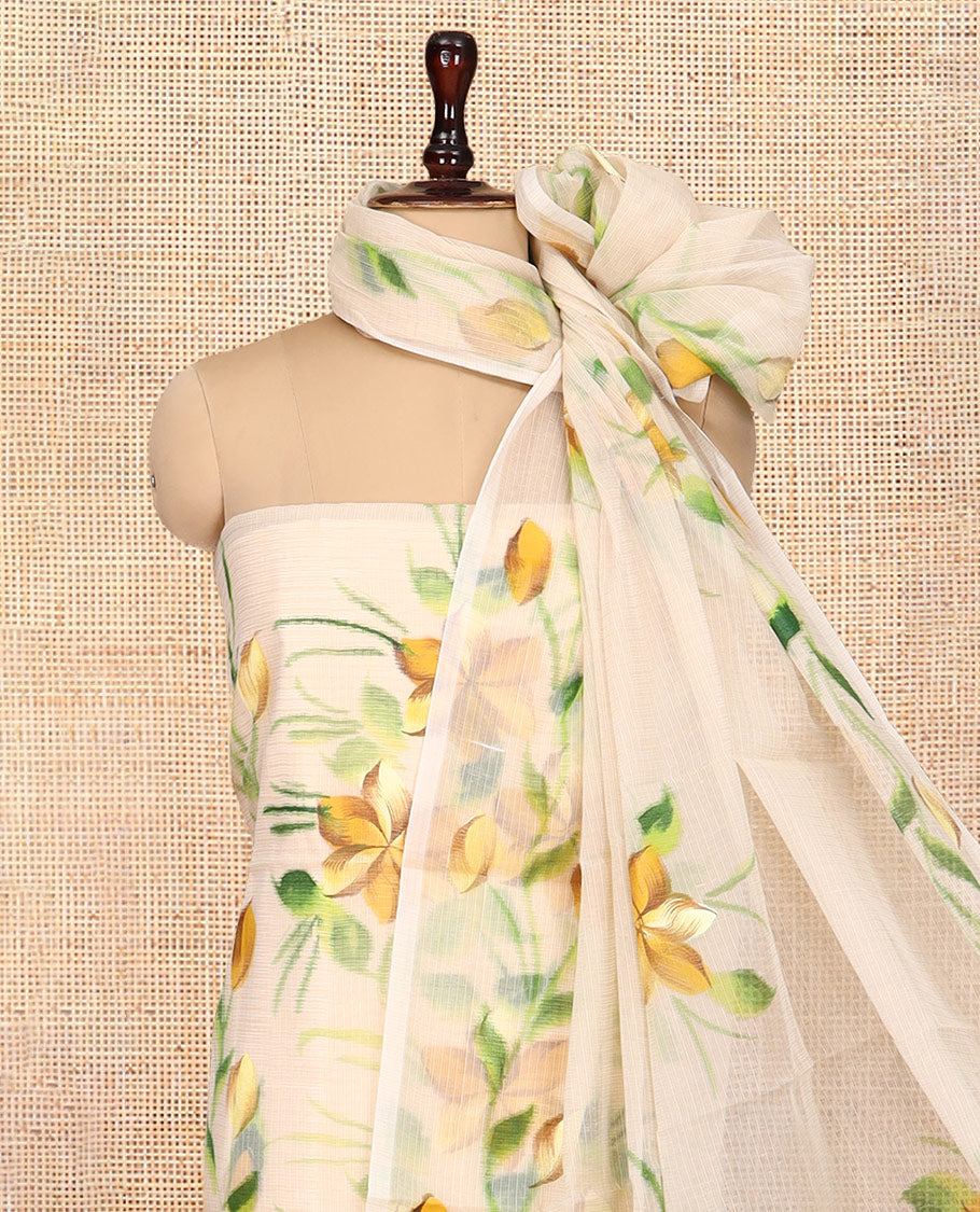 Chikku Net Kota Material Churidar, Adorned with Hand-Brush Painting Floral Printed Top, a Plain Bottom, and Hand-Brush Floral Printed Dupatta