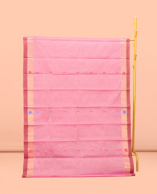 Pink Kanchi Cotton Saree, Adorned with Buttas All Over Its Body, a Complemented by Contrast Border, Pallu of Intricate Designs, and Paired with a Matching Blouse